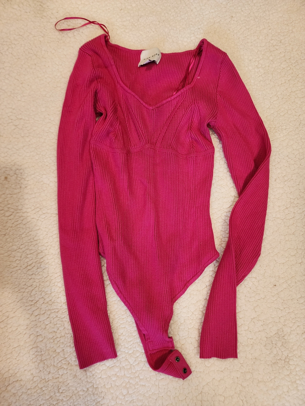 Pink Rose Magenta Ribbed V-Neck Long Sleeve Bodysuit
